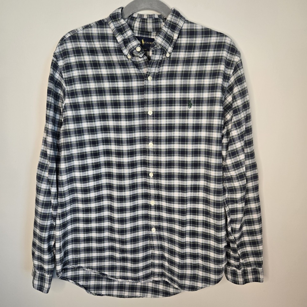 Polo Ralph Lauren Shirt Custom Fit Large Blue Green Plaid Button  Casual Preppy